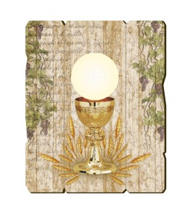 Quadro in legno sagomato stile vintage con i simboli eucaristici della Prima Comunione