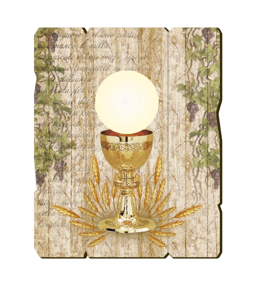 Quadro in legno sagomato stile vintage con i simboli eucaristici della Prima Comunione