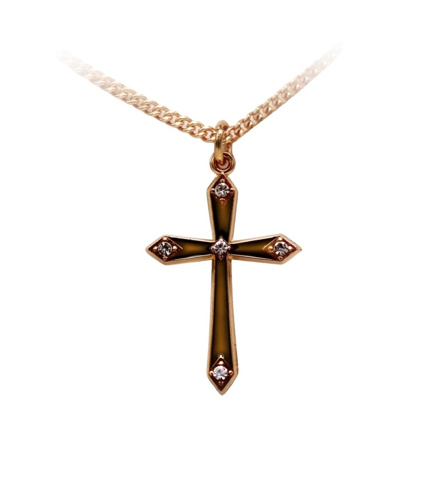 Collana con croce in argento 925 e punti luce in cristallo Swarovski con finitura placcata in oro 16 kt Collana con croce in argento 925 e punti luce in cristallo Swarovski con finitura placcata in oro 16 kt