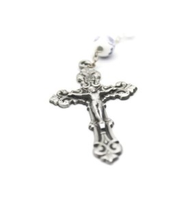 Rosario in argento 925 con grani da 10 mm in vetro bianco smaltato con motivi floreali