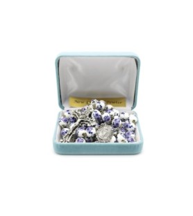 Rosario in argento 925 con grani da 10 mm in vetro bianco smaltato con motivi floreali