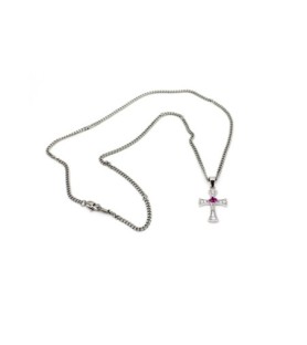 Collana in acciaio con crocefisso in argento 925 e cristallo Swarovski rubino