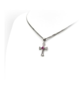 Collana in acciaio con crocefisso in argento 925 e cristallo Swarovski rubino