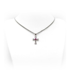 Collana in acciaio con crocefisso in argento 925 e cristallo Swarovski rubino