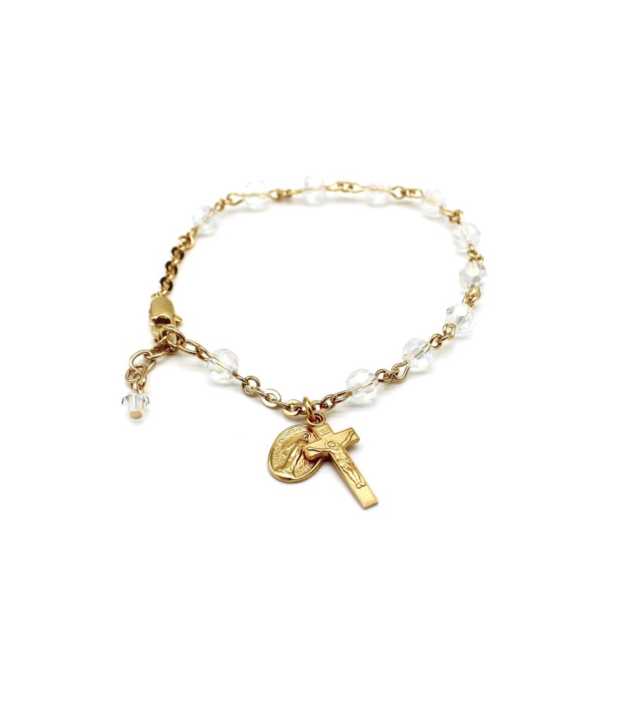 Bracciale rosario in argento 925 placcato in oro con cristalli trasparenti Bracciale rosario in argento 925 placcato in oro con cristalli trasparenti