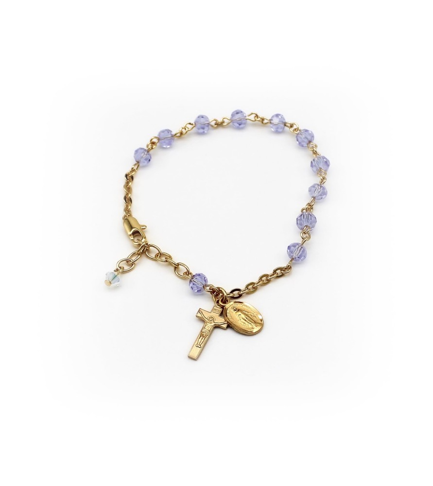 Bracciale rosario in argento 925 placcato in oro con cristalli lavanda Bracciale rosario in argento 925 placcato in oro con cristalli lavanda