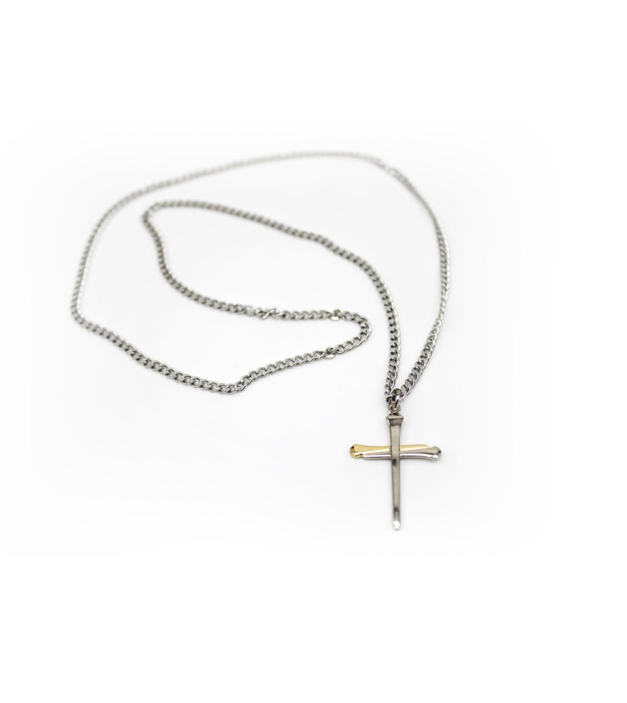 Collana in acciaio con crocefisso in argento e oro