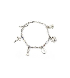 Bracciale rosario in argento 925 con grani in cristallo Swarovski e charmes in argento a simbologia religiosa