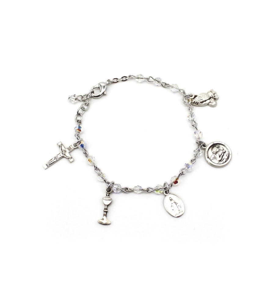 Bracciale rosario in argento 925 con grani in cristallo Swarovski e charmes in argento a simbologia religiosa Bracciale rosario in argento 925 con grani in cristallo Swarovski e charmes in argento a simbologia religiosa
