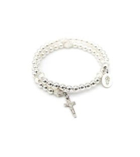 Bracciale con sferette in argento da 5 mm e medaglia Miracolosa e crocefisso