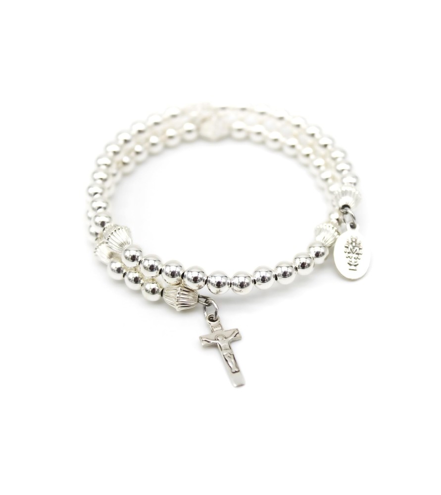 Bracciale con sferette in argento da 5 mm e medaglia Miracolosa e crocefisso