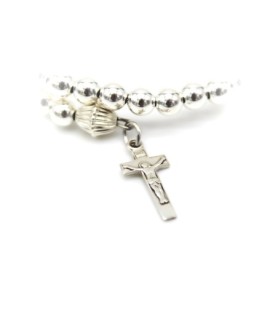 Bracciale con sferette in argento da 5 mm e medaglia Miracolosa e crocefisso