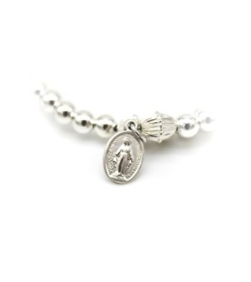 Bracciale con sferette in argento da 5 mm e medaglia Miracolosa e crocefisso
