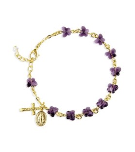 Bracciale rosario in peltro naturale dorato con grani in cristallo color lavanda