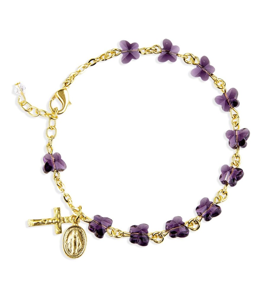 Bracciale rosario in peltro naturale dorato con grani in cristallo color lavanda Bracciale rosario in peltro naturale dorato con grani in cristallo color lavanda