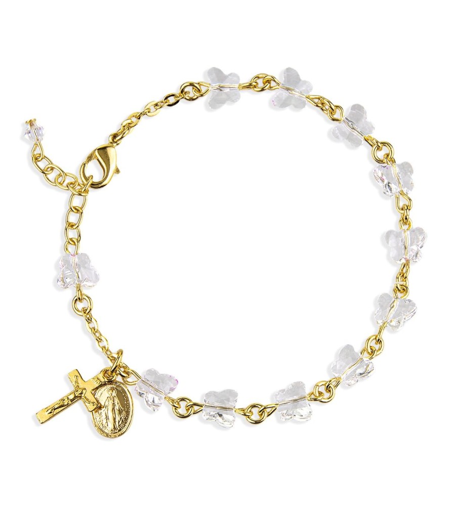 Bracciale rosario in peltro naturale dorato con grani in cristallo trasparente Bracciale rosario in peltro naturale dorato con grani in cristallo trasparente