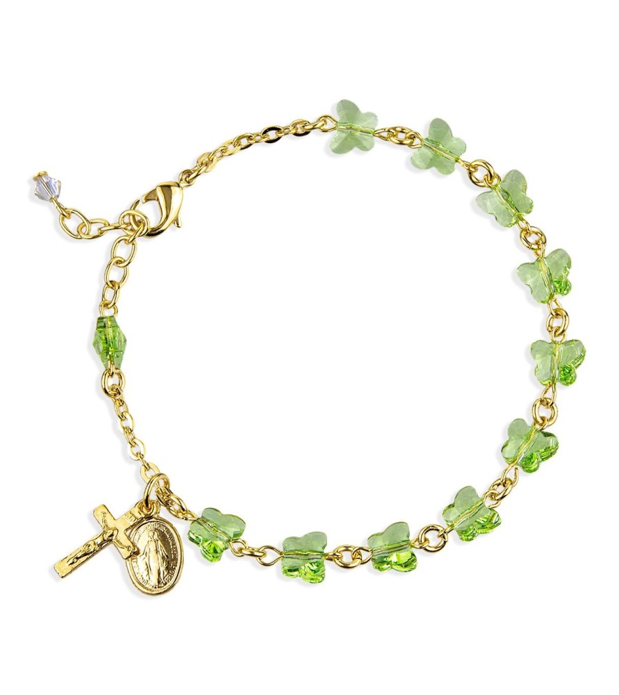 Bracciale rosario in peltro naturale dorato con grani in cristallo verde