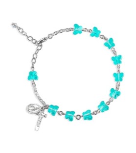 Bracciale rosario in peltro naturale argentato con grani in cristallo azzurro