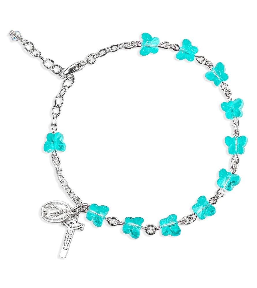Bracciale rosario in peltro naturale argentato con grani in cristallo azzurro Bracciale rosario in peltro naturale argentato con grani in cristallo azzurro