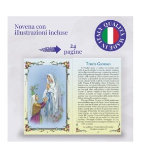 Opuscolo di 24 pagine con la novena a Nostra Signora di Lourdes, illustrazioni a colori e rosario in vetro incluso