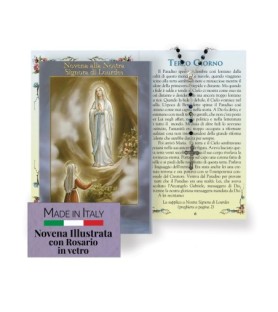 Opuscolo di 24 pagine con la novena a Nostra Signora di Lourdes, illustrazioni a colori e rosario in vetro incluso