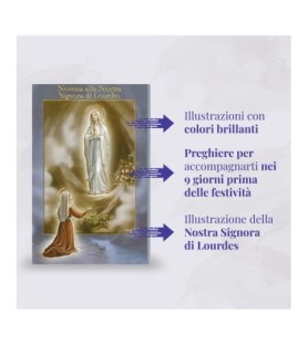 Opuscolo di 24 pagine con la novena a Nostra Signora di Lourdes, illustrazioni a colori e rosario in vetro incluso
