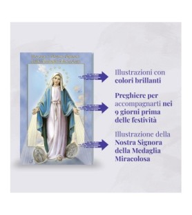 Opuscolo di 24 pagine con la novena a Nostra Signora Miracolosa, illustrazioni a colori e rosario in vetro incluso