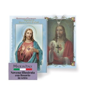 Opuscolo di 24 pagine con la novena al Sacro Cuore di Gesù, illustrazioni a colori e rosario in vetro incluso