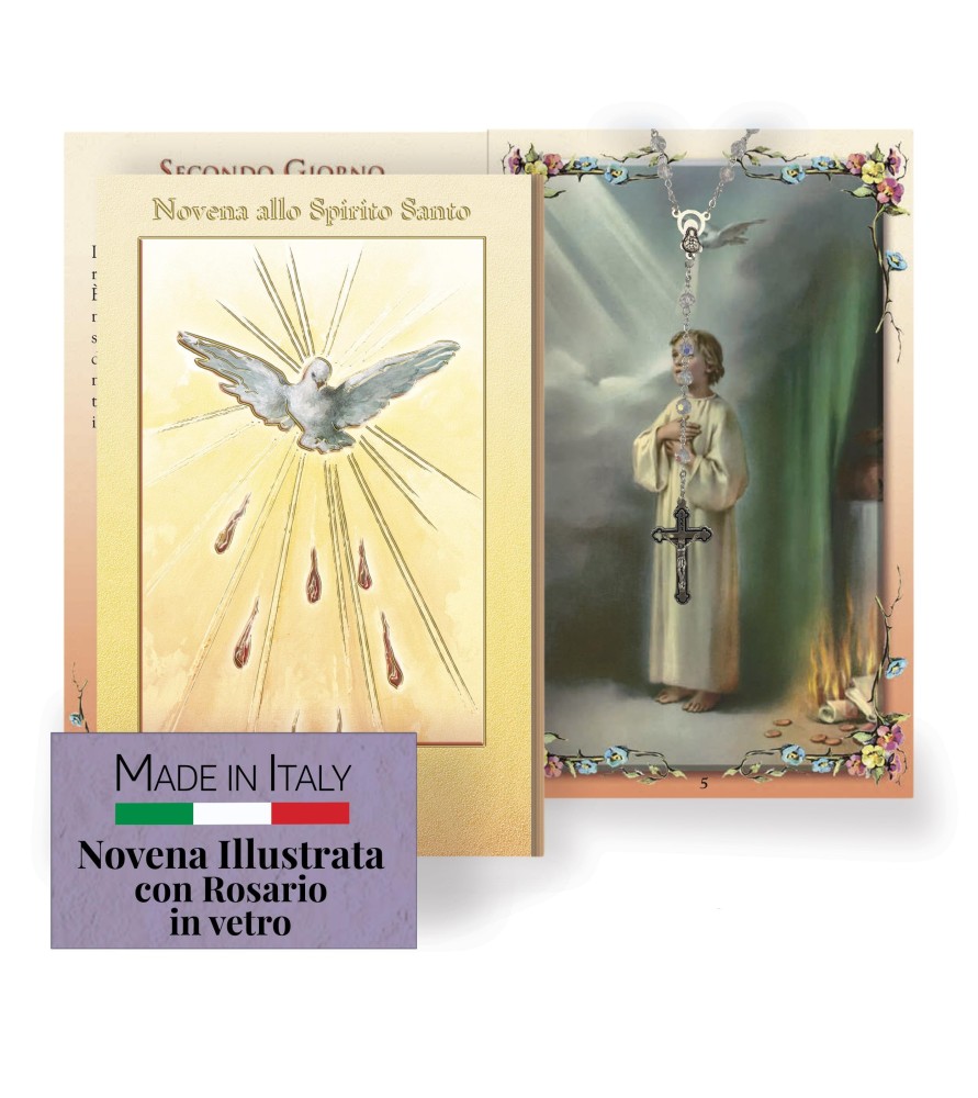 Opuscolo di 24 pagine con la novena allo Spirito Santo, illustrazioni a colori e rosario in vetro incluso