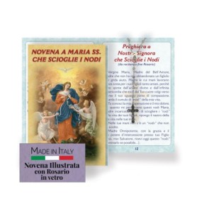 Opuscolo di 16 pagine con la novena alla Madonna che scioglie i nodi, illustrazioni a colori e rosario in vetro incluso