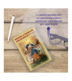 Opuscolo di 16 pagine con la novena alla Madonna che scioglie i nodi, illustrazioni a colori e rosario in vetro incluso