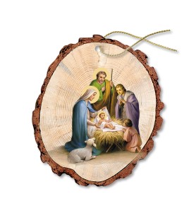 Set di 3 Decorazioni Natalizie su Legno di Pioppo, a Forma di Tronchetto con Gesù bambino la Madonna e San Giuseppe