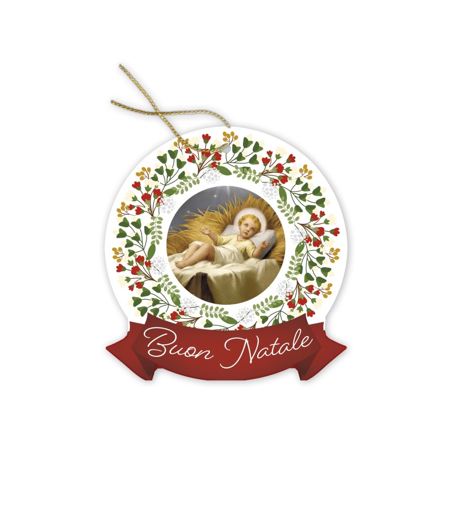 Decorazione natalizia da appendere in resina porcellanata con Gesù Bambino di Vicentini -Formato 10 x 9.5 x 1 Cm