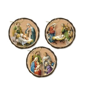 Decorazioni natalizie assortite stampate direttamente su legno con Natività tradizionale -Formato 9 x 9 Cm