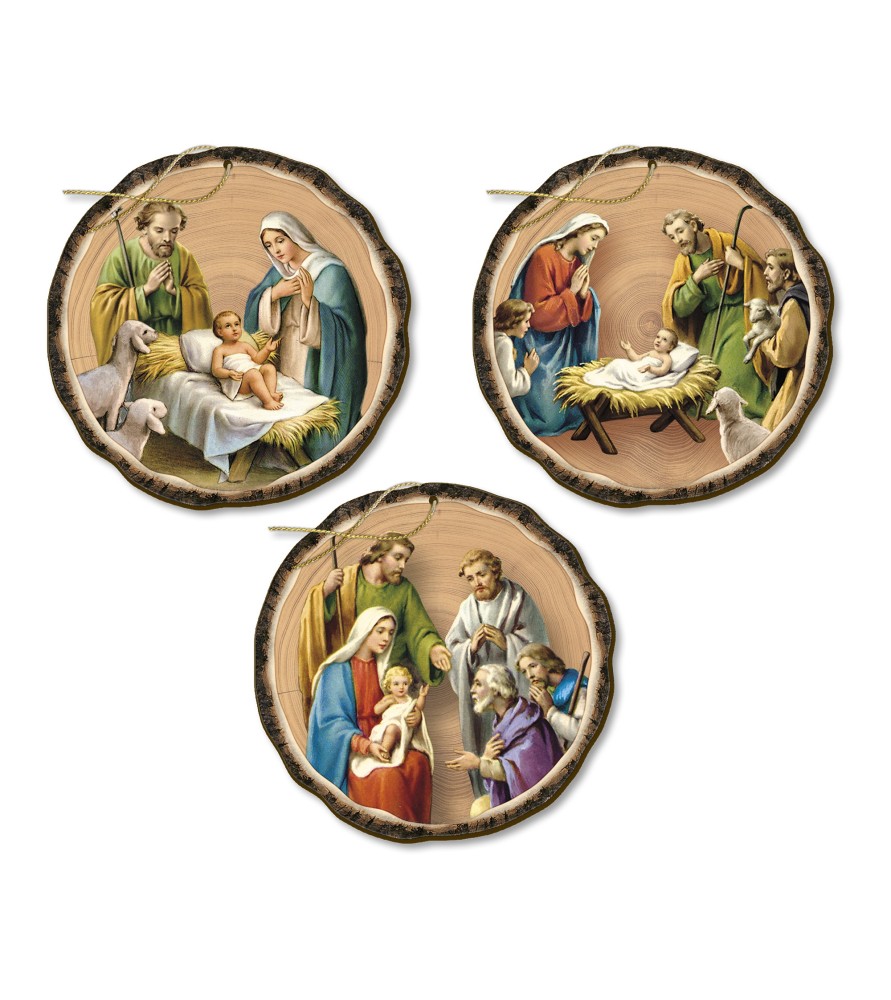 Decorazioni natalizie assortite stampate direttamente su legno con Natività tradizionale -Formato 9 x 9 Cm