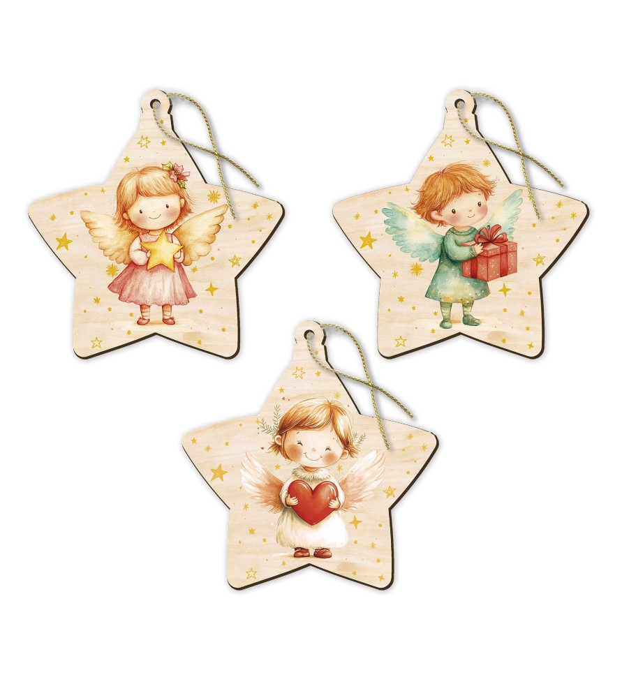 Decorazioni natalizie assortite a forma di stellina in pioppo con angioletti  -Formato 9 x 9 Cm