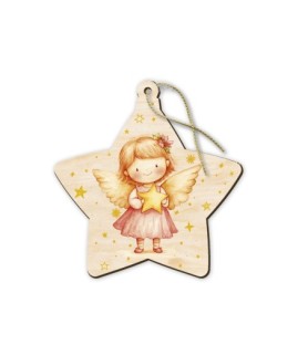 Decorazioni natalizie assortite a forma di stellina in pioppo con angioletti  -Formato 9 x 9 Cm