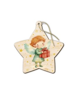 Decorazioni natalizie assortite a forma di stellina in pioppo con angioletti  -Formato 9 x 9 Cm