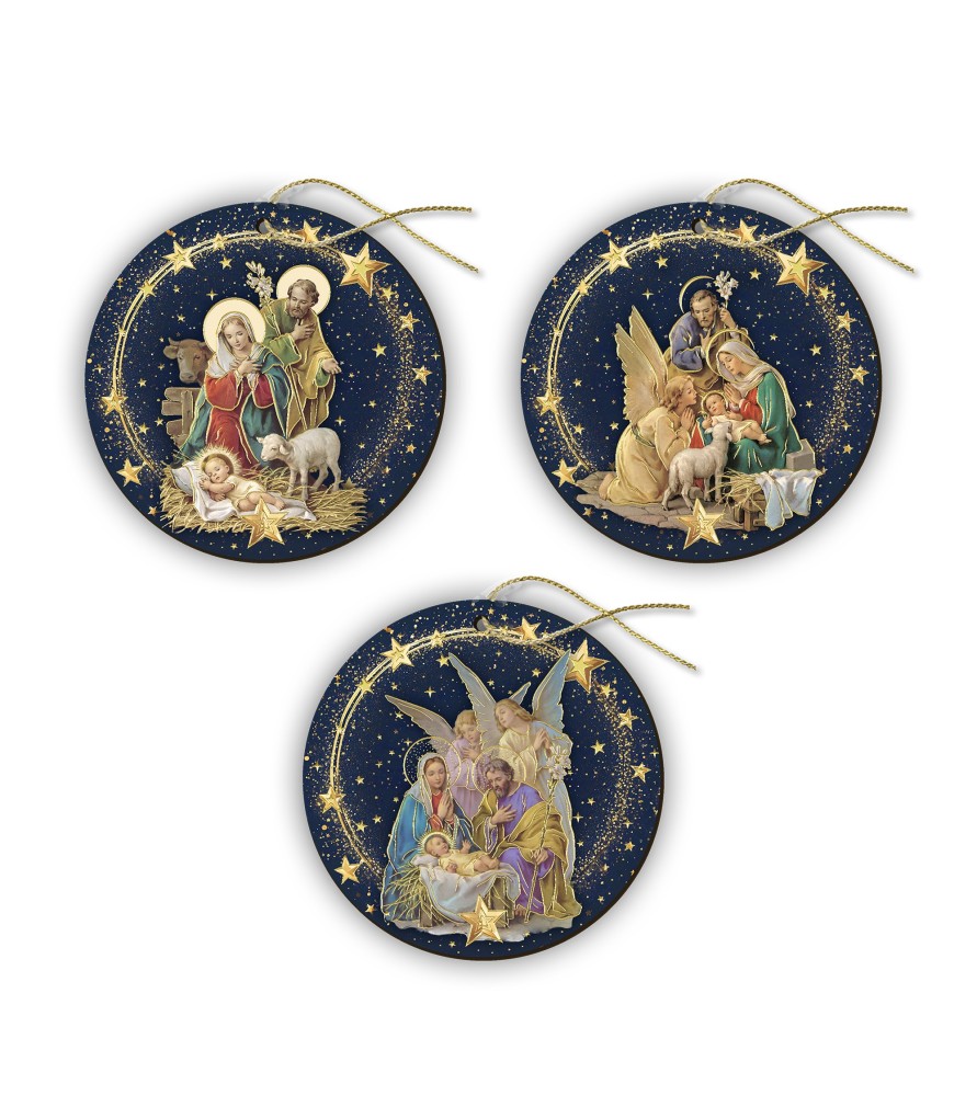 Decorazioni natalizie assortite a forma di pallina in MDF con la Sacra Famiglia della serie Messias -Formato 8 x 8 Cm