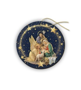 Decorazioni natalizie assortite a forma di pallina in MDF con la Sacra Famiglia della serie Messias -Formato 8 x 8 Cm