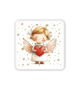 Quadretto in legno raffigurante un angioletto con un cuore in mano e scatola regalo -Formato 10 x 10 x 1.8 Cm