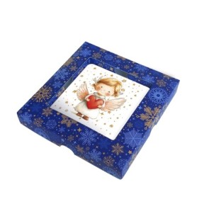 Quadretto in legno raffigurante un angioletto con un cuore in mano e scatola regalo -Formato 10 x 10 x 1.8 Cm