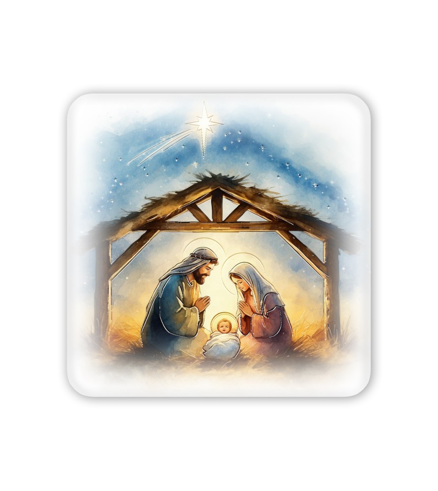Quadretto in legno raffigurante la Sacra Famiglia in versione acquerello e scatola regalo -Formato 10 x 10 x 1.8 Cm