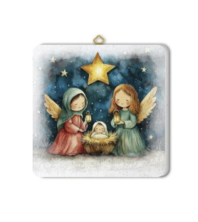 Quadretto in legno raffigurante due angioletti in adorazione di Gesù Bambino con scatola regalo -Formato 19 x 19 x 1 Cm