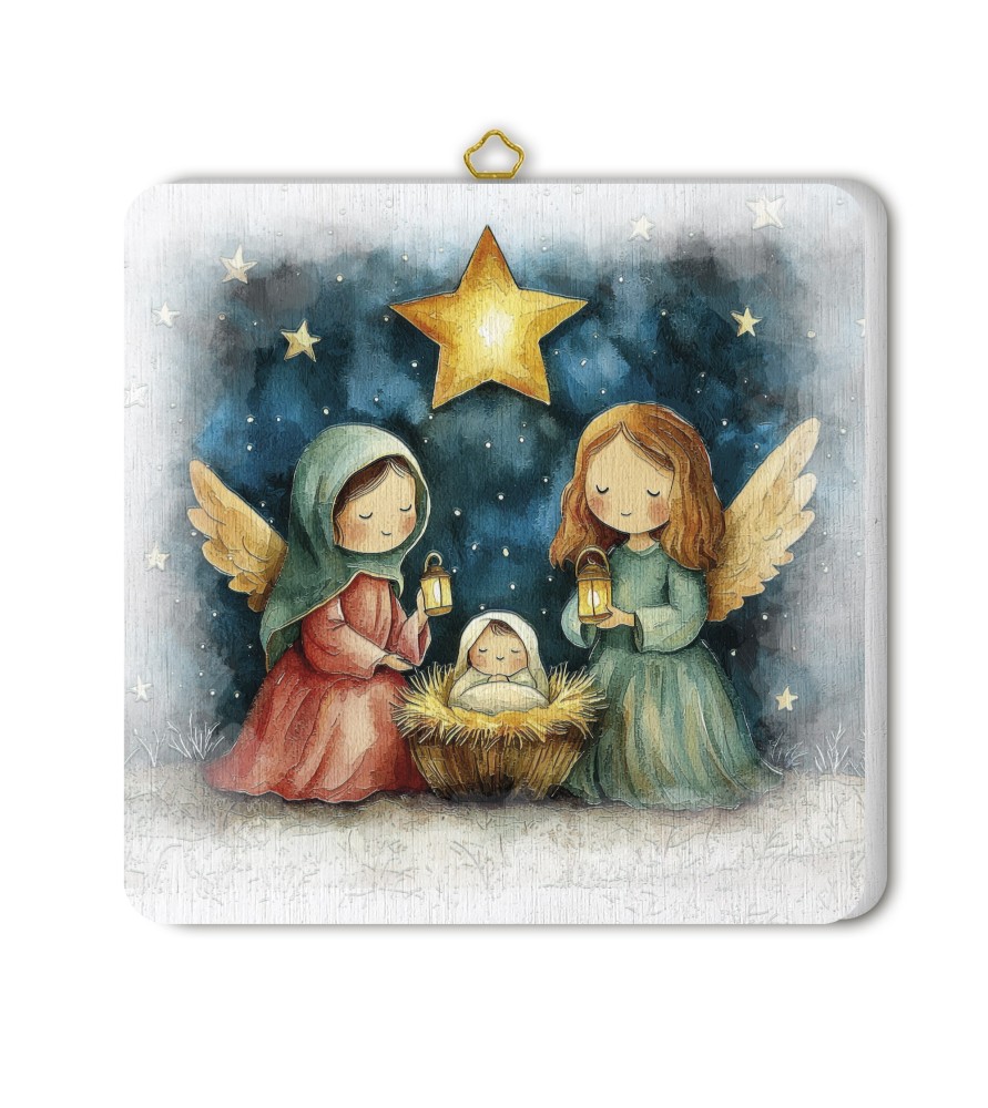 Quadretto in legno raffigurante due angioletti in adorazione di Gesù Bambino con scatola regalo -Formato 19 x 19 x 1 Cm