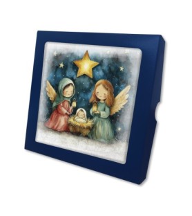 Quadretto in legno raffigurante due angioletti in adorazione di Gesù Bambino con scatola regalo -Formato 19 x 19 x 1 Cm