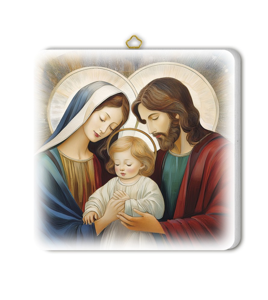 Quadretto in legno raffigurante la Sacra Famiglia in versione neomoderna con scatola regalo -Formato 19 x 19 x 1 Cm