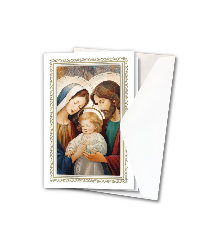 Assortimento di 12 biglietti in cartoncino con oro a caldo raffigurante la Sacra Famiglia  -Formato 10 x 15 Cm