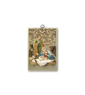 Quadretto in MDF con mosaico in lamina dorata con l'immagine  della Sacra Famiglia -Formato 10.5 x 15.5 x 0.8 Cm