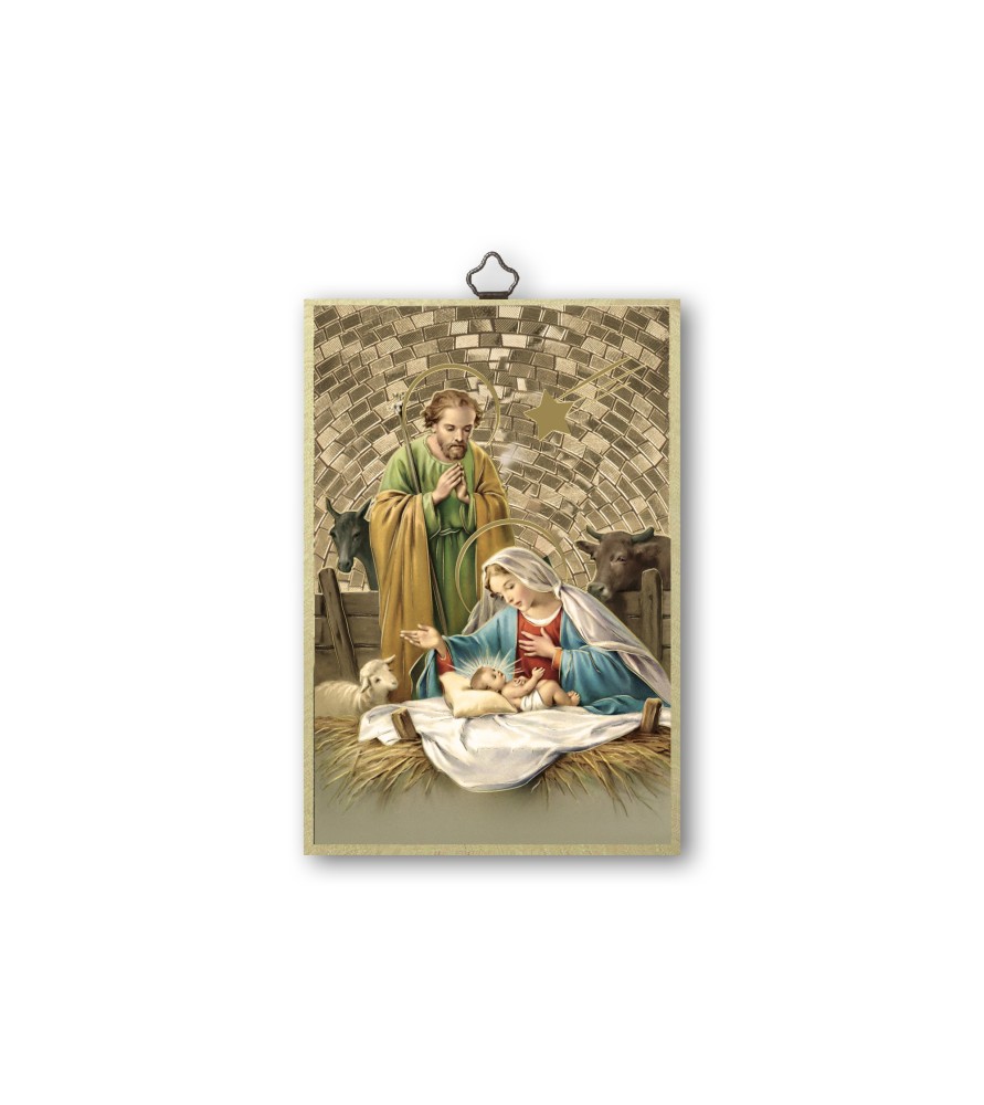 Quadretto in MDF con mosaico in lamina dorata con l'immagine  della Sacra Famiglia -Formato 10.5 x 15.5 x 0.8 Cm
